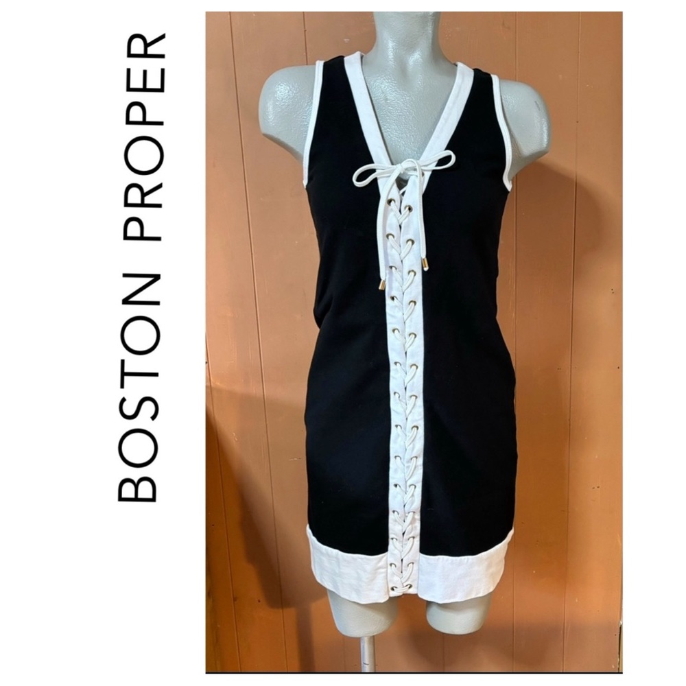 Boston Proper Lace-Up Dress Black & White XS